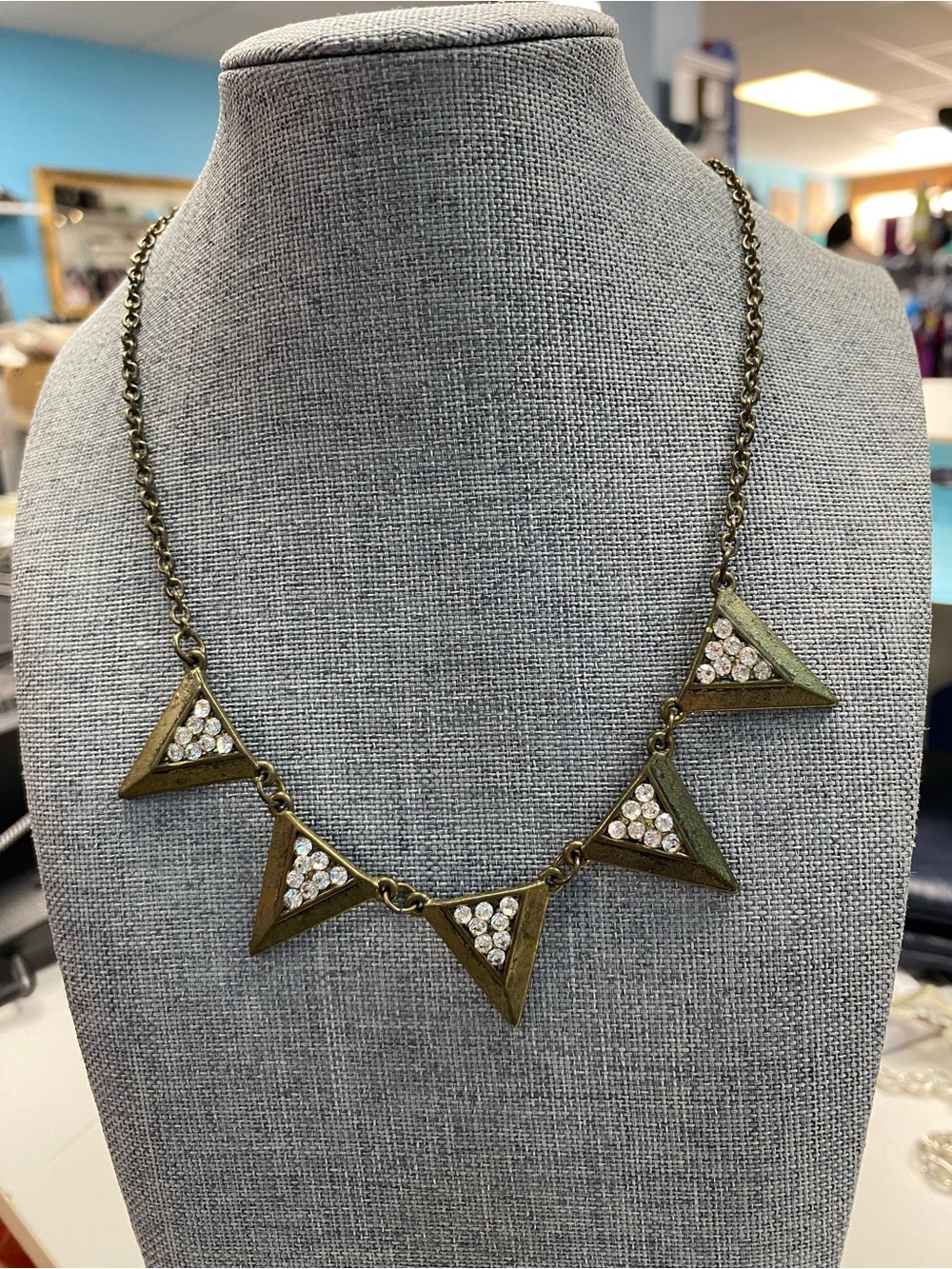 Vintage Geometric triangle chevron statement Necklace Brushed Gold/Rhinestones